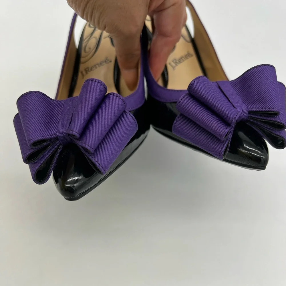 J Renee Marva Slingback Size 7 M Black Patent Leather Purple Bow - Picture 15 of 16